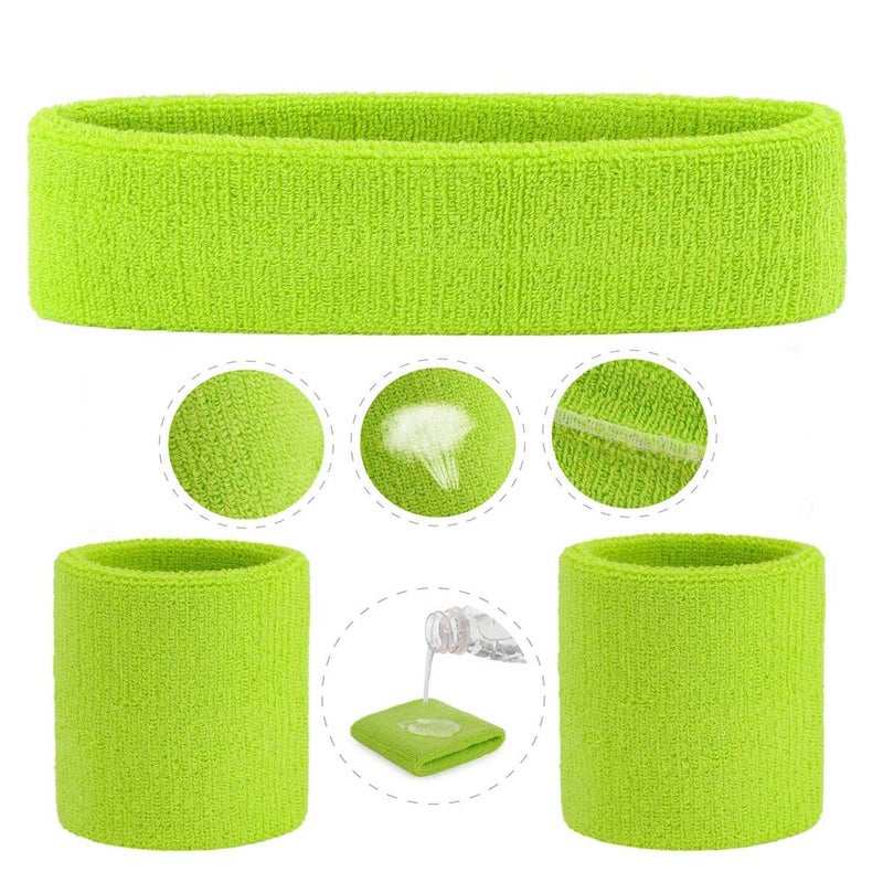 ONUPGO Sweatband Set Sports Headband Wrist Striped Sweatbands Terry Cloth Wristband Athletic Exercise Basketball Wrist Sweatband and Headbands Moisture Wicking Sweat Absorbing Head Band Neon Green - Image 3